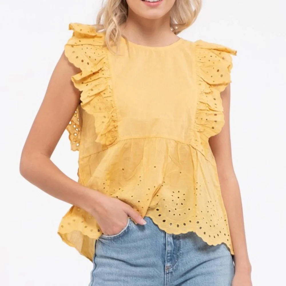 Honey Yellow Eyelet Ruffled Blouse - Picture 1 of 3